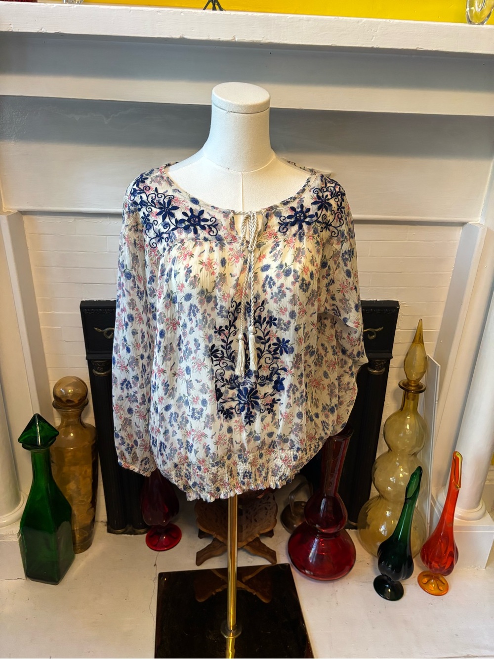 Cost Plus World Market Cream Blouse with Blue and Pink Floral Embroidery